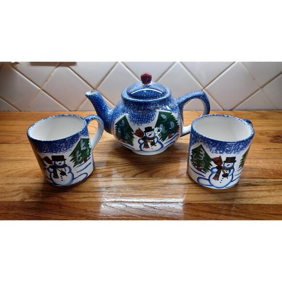 Snowman Teapot and 2 Snowman Mugs Blue Ceramic Christmas Winter - Picture 2 of 16